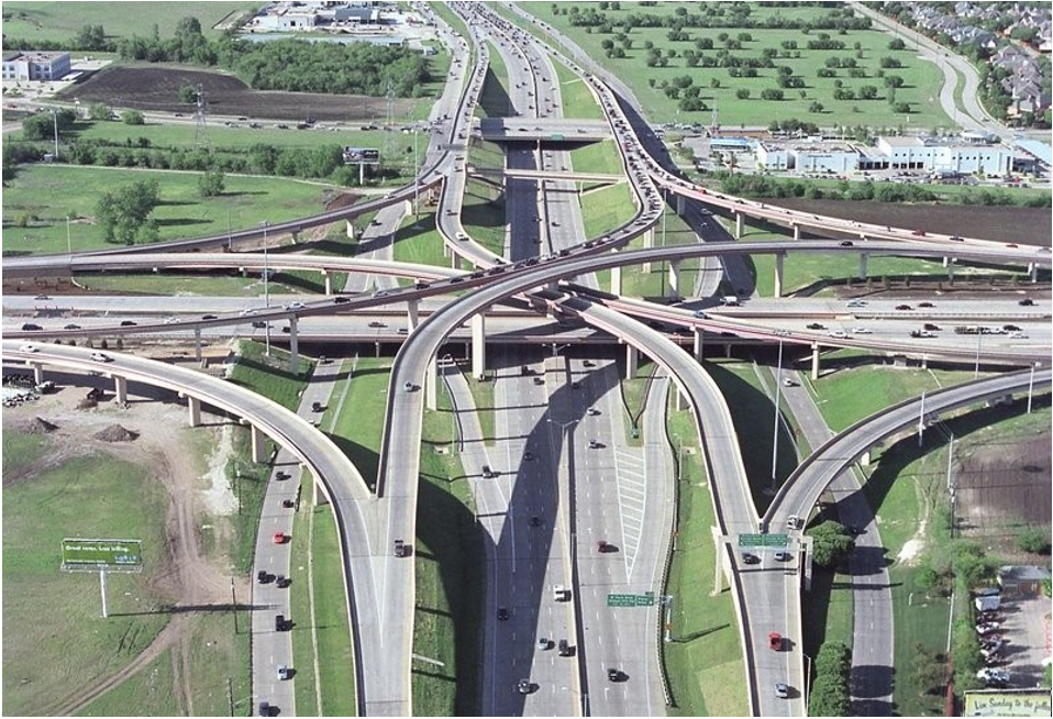Aerial image of an interchange between two highways