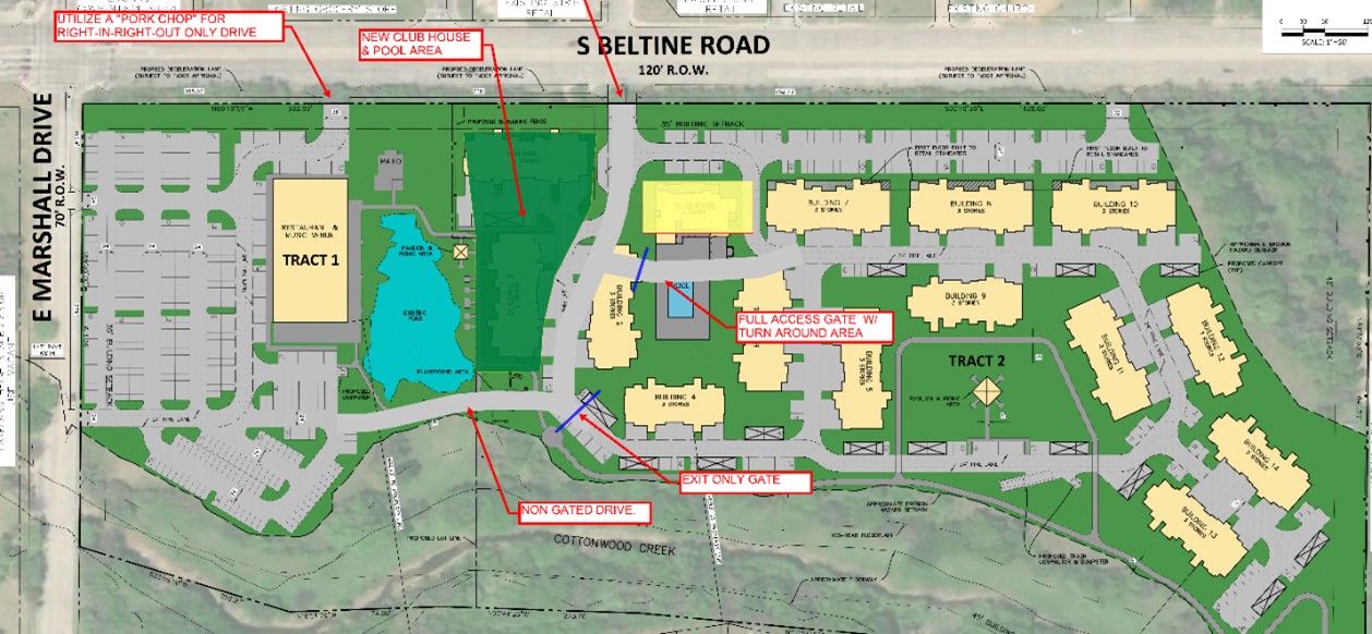 A map of a proposed development, with annotations marking traffic considerations.