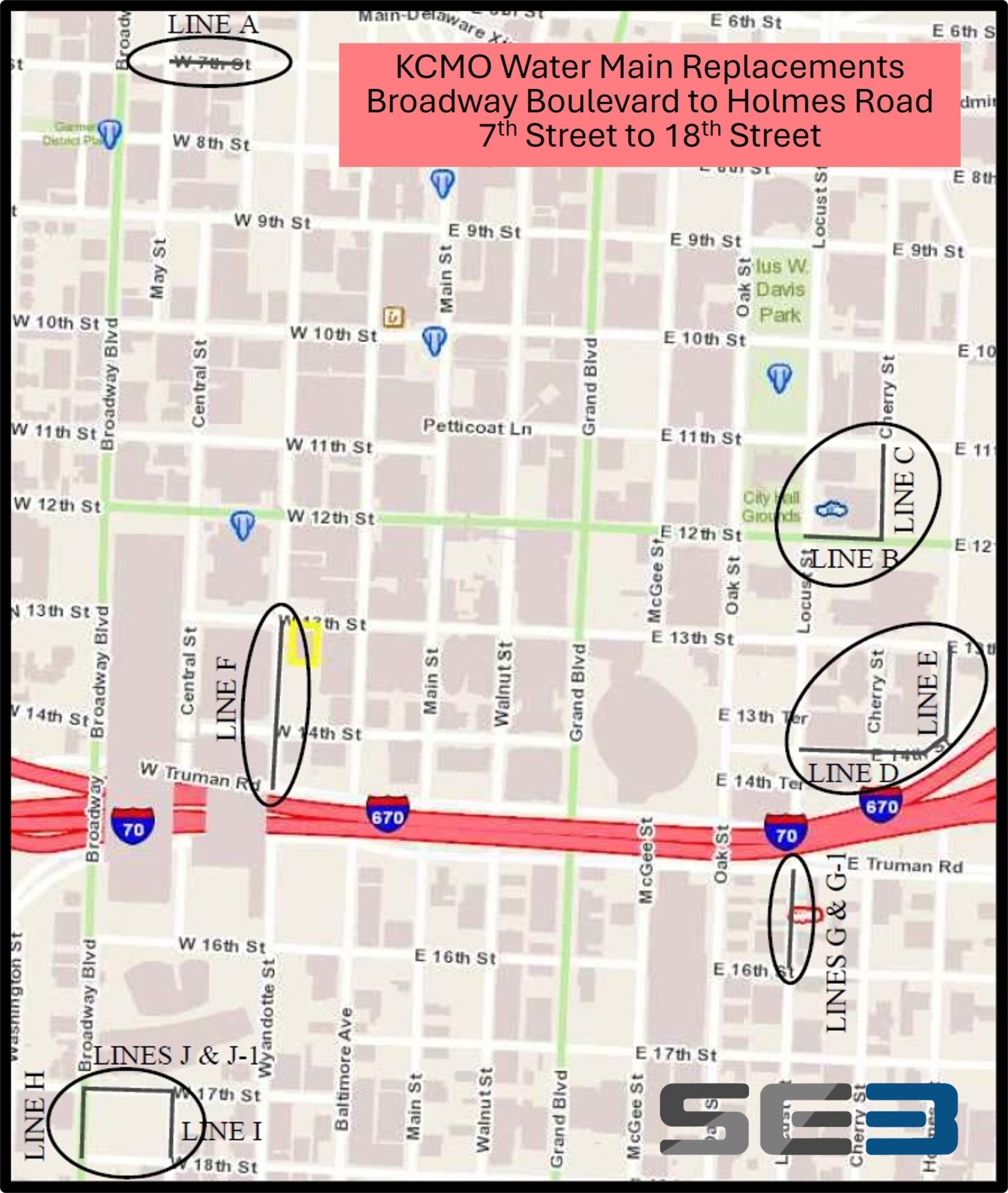 Map of a section of city, with sections of pipe to be replaced marked